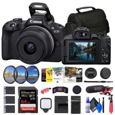 Canon EOS R50 Mirrorless Camera with 18-45mm Lens (Black) (5811C012) + Rode VideoMic + 64GB Card + Filter Kit + Corel Photo Software + Bag + Charger + 2 x LPE17 Battery + Card Reader + More (Renewed)