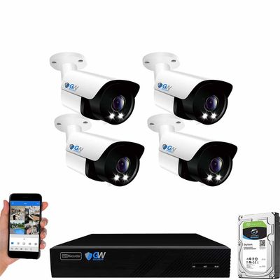GW 8 Channel 4K NVR 5MP 1920P Full-Time Color Night Vision 2-Way Audio Security Camera System - 4 x 5MP Human Vehicle Detection Outdoor/Indoor PoE IP Bullet Camera