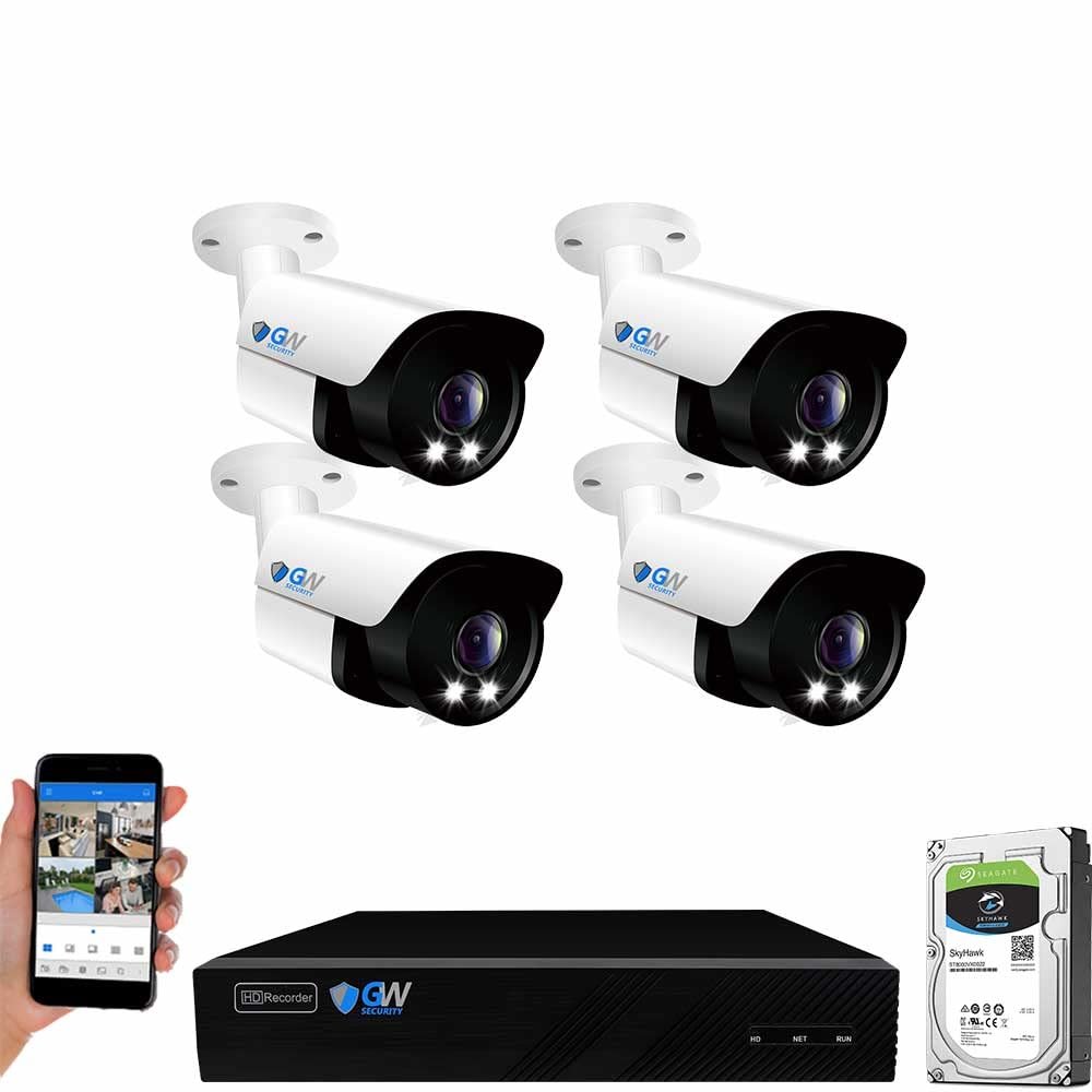 GW 8 Channel 4K NVR 5MP 1920P Full-Time Color Night Vision 2-Way Audio Security Camera System - 4 x 5MP Human Vehicle Detection Outdoor/Indoor PoE IP Bullet Camera