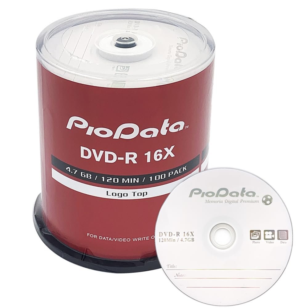 PioData DVD-R 4.7GB 16X Logo Top Blank Media | 100-Pack Cake Box Spindle | Blank DVDs for Burning Video, Bulk Discs for Data Storage