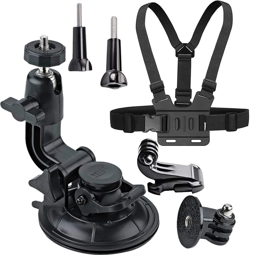 ASOCEA Action Camera Suction Cup Mount Windshield Camera Holder Tripod Adapter with Screw Compatible and Action Camera Chest Mount Harness with J Hook