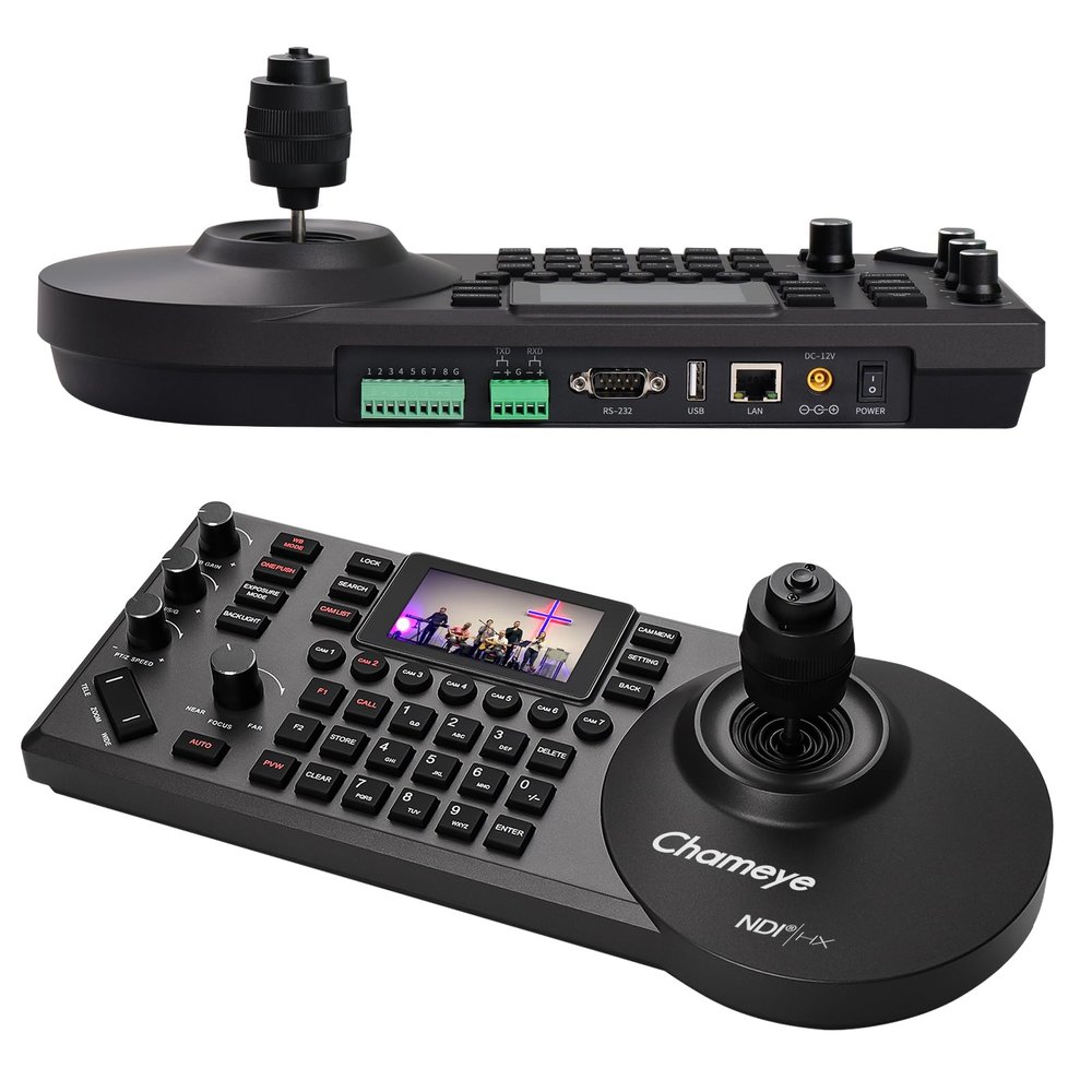 Chameye NDI PTZ Camera Controller PoE 4D Joystick Control with 3-inch LCD Preview, IP PTZ Controller Network Keyboard for Church Worship Live Streaming, E300 Black