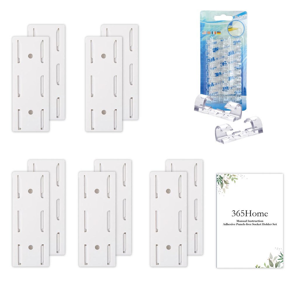 365Home 10-Pack Adhesive Punch-Free Socket Holder, Self Adhesive Desktop Socket Fixer, Power Strip Holder Wall Mount with 20 Pcs Cable Organizer Clips, Suitable for WiFi Routers, Remote Controls