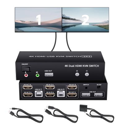 BolAAzuL 2-Port HDMI USB KVM Switch 4K@60Hz, Dual-Port USB 2.0 HDMI 2.0 KVM Switcher 2X2, Keyboard Mouse Peripherals Switcher KVM HDMI USB 2 in 2 Out for 2 PCs 2 Monitors