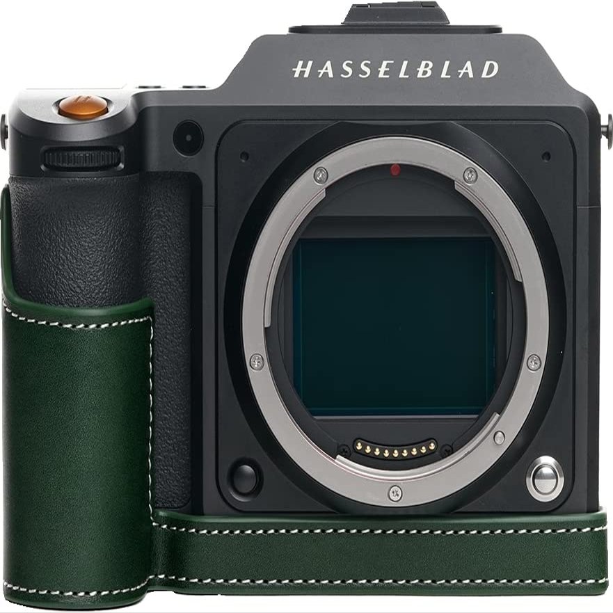 X2D 100C Camera Case, BolinUS Handmade Genuine Real Leather Half Camera Case Bag Cover for Hasselblad X2D 100C Camera Bottom Opening Version + Hand Strap (Green)