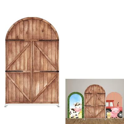 Aerdce Farm Arched Backdrop Cover Barn Wood Door Farm Parties Chiara Backdrops for Birthday Decorations Arched Wall Covers Stands Display Props Double-sided GX-225-3x5ft