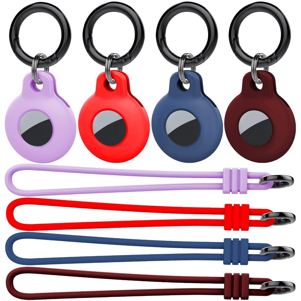 Kanya Silicone Case Compatible with AirTag,4 Pack Soft Anti-Scratch Shockproof Protective Skin Cover Holder with Keychain Carabiner for Apple AirTag (Light Purple+Red+Navy Blue+Burgundy)