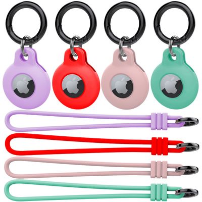 Kanya Silicone Case Compatible with AirTag,4 Pack Soft Anti-Scratch Shockproof Protective Skin Cover Holder with Keychain Carabiner for Apple AirTag (Light Purple + Red + Pink + Light Green)