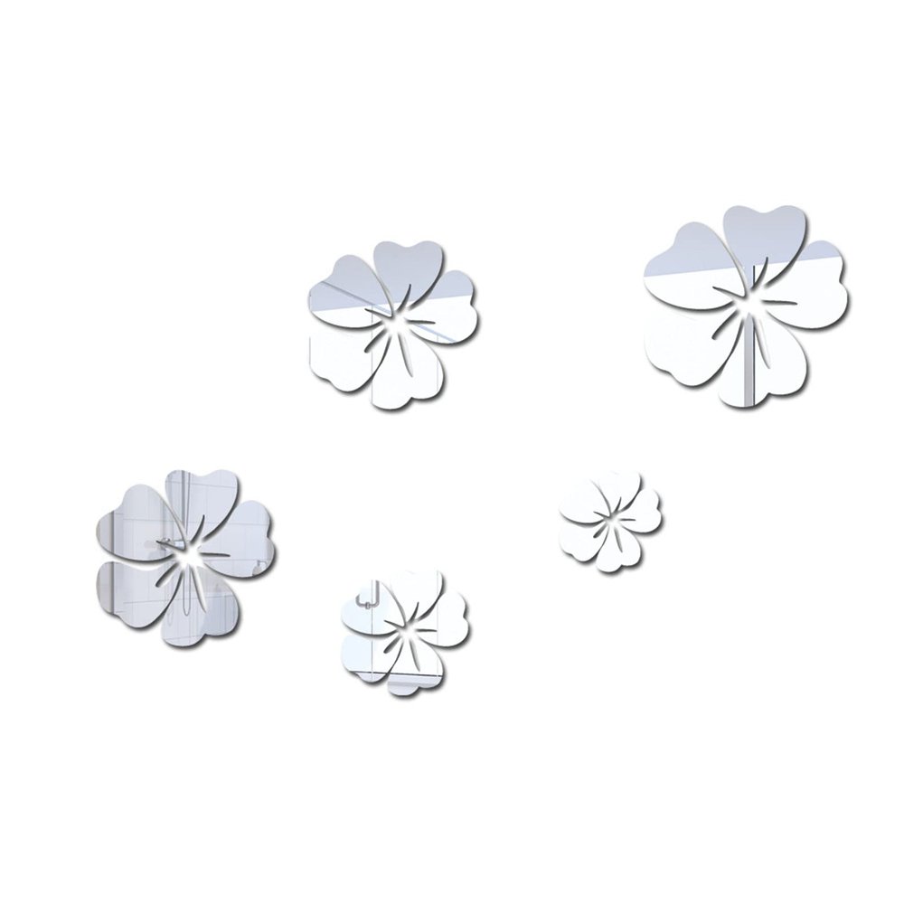 5pcs Flower Shaped Mirror Wall Stickers Mirror Wall Sticker Decal for Home Living Room Bedroom Decor 3D Flower DIY Wall Decoration Silver