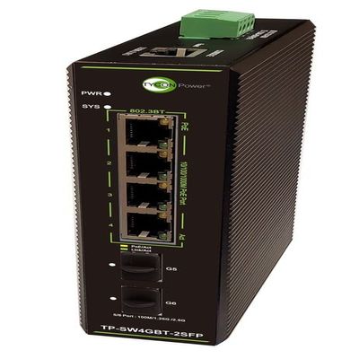 TP-SW4GBT-2SFP - 6 Port L2+ Manageable GigE Industrial 802.3at/bt PoE Network Switch, 4X 802.3at/bt PoE + 2X SFP 2.5GHz Fiber + 1x Serial Console Port, DIN Rail Mt, 12-57VDC Input