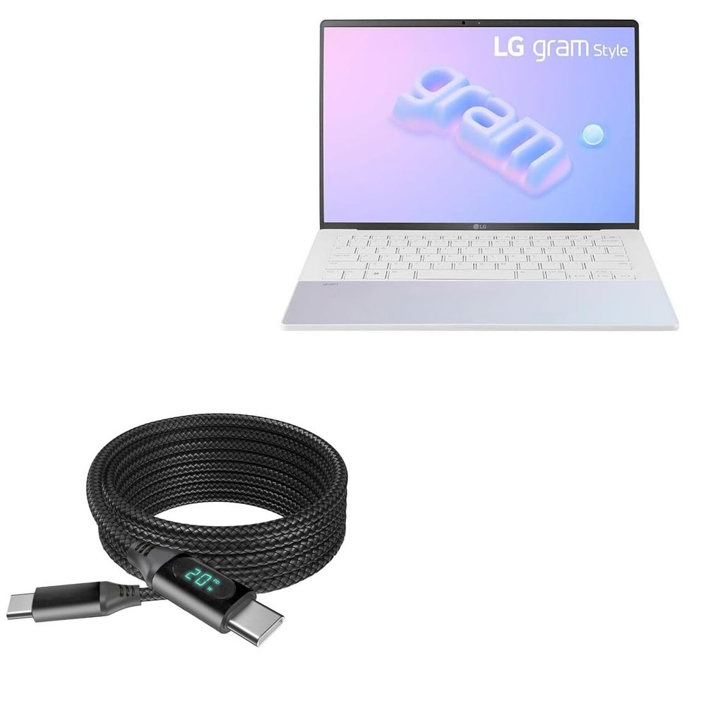 BoxWave Cable Compatible with LG Gram Style 14 (14Z90RS) - PowerDisplay PD Cable (6ft) - USB-C to USB-C (100W), LED Wattage Info Extra Long Braided Nylon - Jet Black