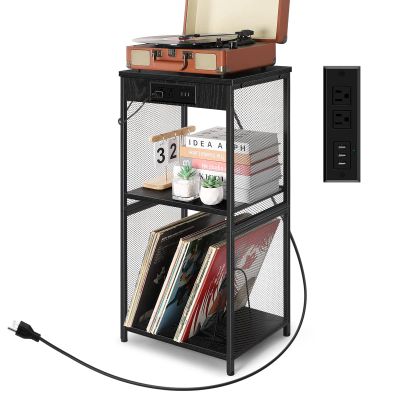 Black End Table with Charging Station Nightstand with Storage RecordRecord Player Stand Player Table 3-Tier Vinyl Stand Up to 150 LP for Living Room Bedroom Office