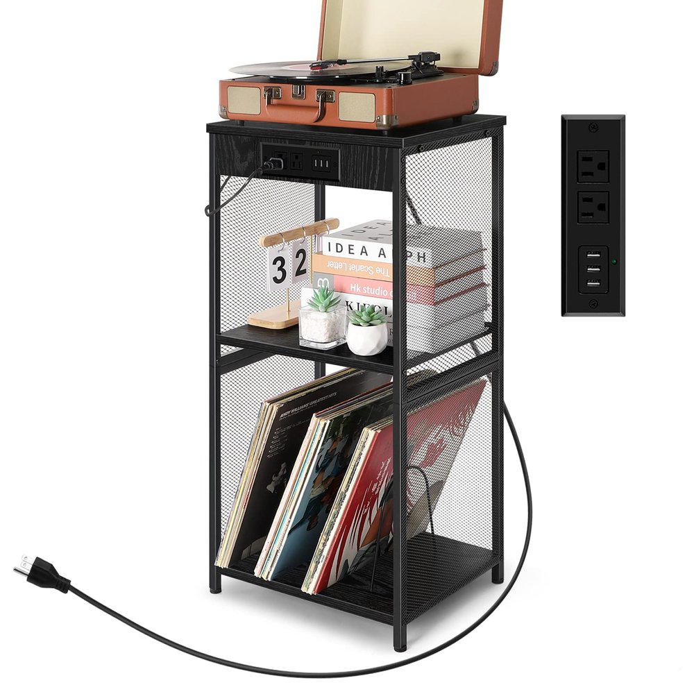 Black End Table with Charging Station Nightstand with Storage RecordRecord Player Stand Player Table 3-Tier Vinyl Stand Up to 150 LP for Living Room Bedroom Office