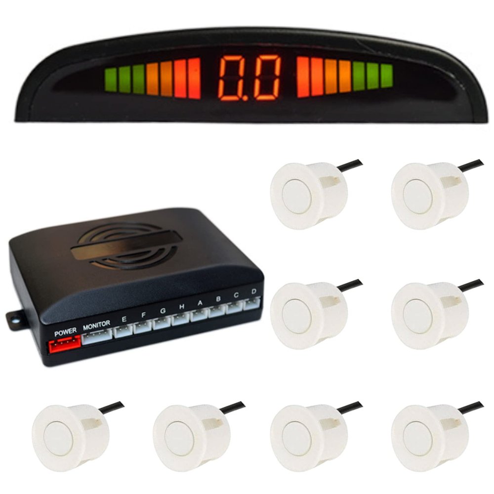 Riloer Car Front and Rear Security Reversing Radar Kit, LED Display Buzzer Alarm 8 Sensor Front and Rear Parking Sensor Prompt for Cars (White)