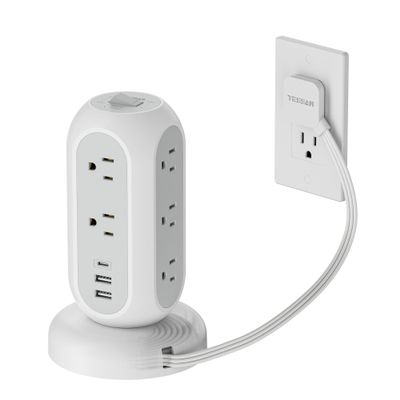 Surge Protector Power Strip Tower, TESSAN 5 FT Retractable Extension Cord with Multiple Outlets, 11 Outlets with 3 USB (1 USB C) Charging Station, 1050J, Office Desk Supplies, Dorm Essentials