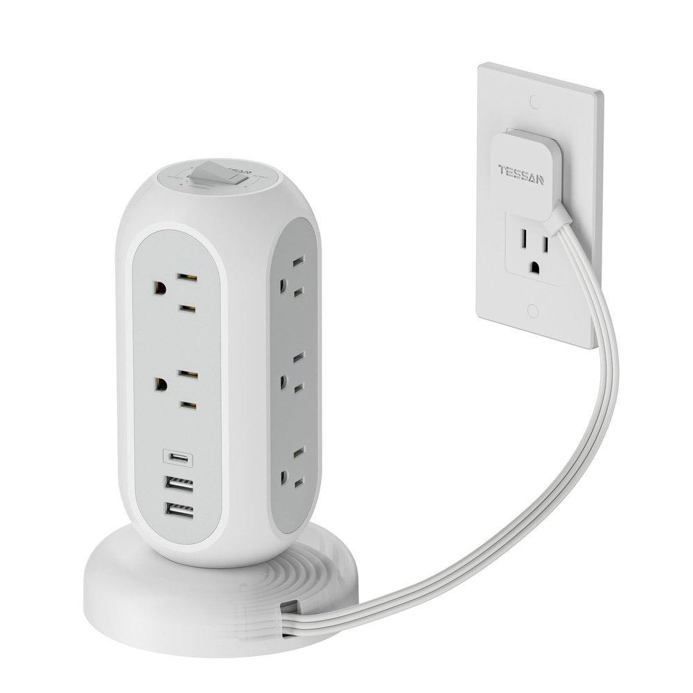 Surge Protector Power Strip Tower, TESSAN 5 FT Retractable Extension Cord with Multiple Outlets, 11 Outlets with 3 USB (1 USB C) Charging Station, 1050J, Office Desk Supplies, Dorm Essentials