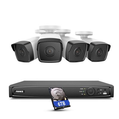 ANNKE 5MP 8-Channel POE NVR Kit with (4) 5MP IR Outdoor Network Bullet Camera with 2.8mm Lens, RJ45 Connections, 8MP Ultra HD H.265+ NVR with 6TB HDD,24-7 Recording, Plug-N-Play, Motion Detection