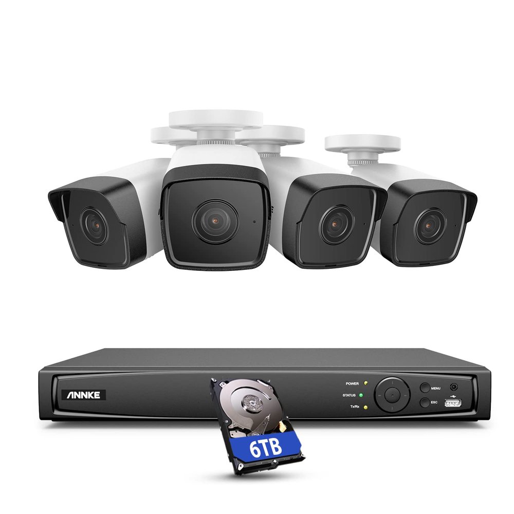 ANNKE 5MP 8-Channel POE NVR Kit with (4) 5MP IR Outdoor Network Bullet Camera with 2.8mm Lens, RJ45 Connections, 8MP Ultra HD H.265+ NVR with 6TB HDD,24-7 Recording, Plug-N-Play, Motion Detection