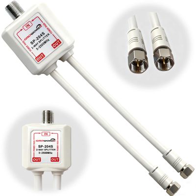 GROWORD 2-Way coaxial Cable Splitter, 5-2500MHz CATV Splitter with 6 RG6 Coaxial Cable and 2 Coax Connectors, for Pass Power to LNB, Improve TV Satellite Antenna Signal Quality, Corrosion Resistant