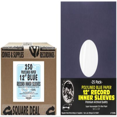 12 Premium Blue Polylined Record Inner Sleeves - Archival Quality, Heavyweight Paper & Plastic - 12IABL (250)