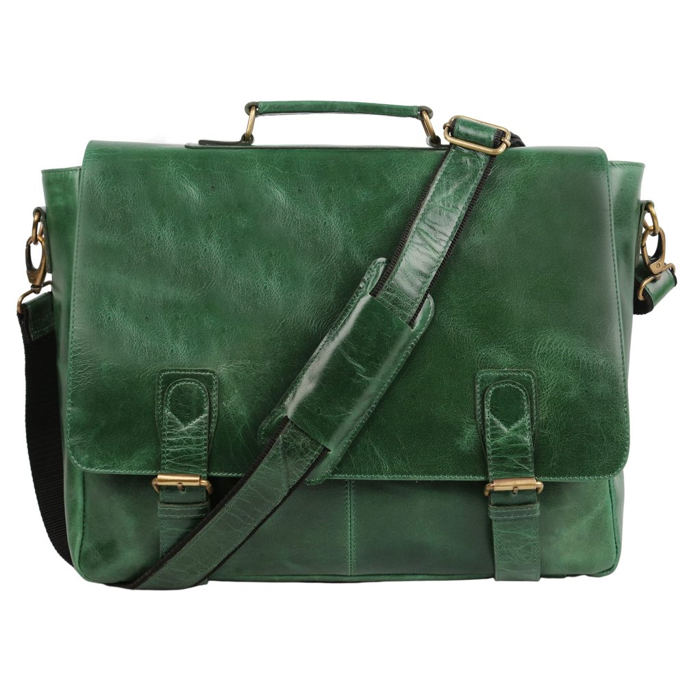 Green Leather Laptop Messenger Bag Briefcase (Medium 14 inch, Green)
