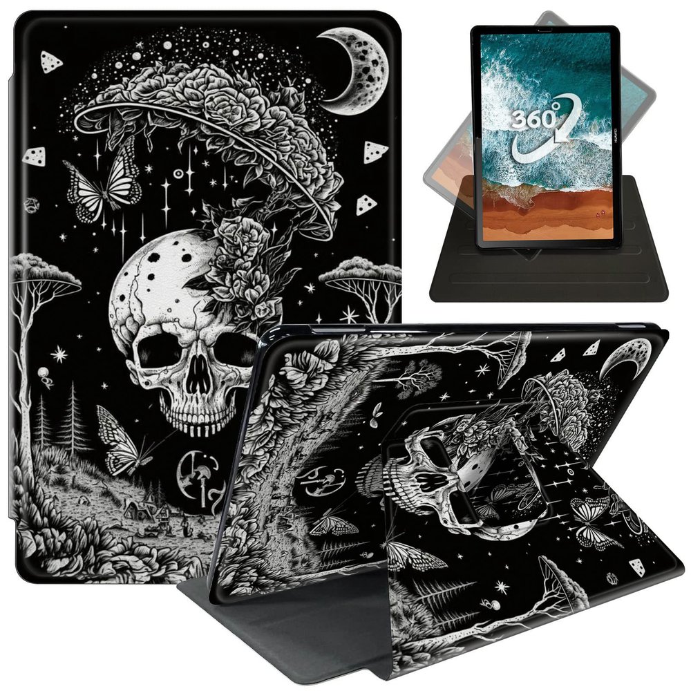 Case for 6.8'' Kindle Paperwhite (11th Generation,2021)+Paperwhite Signature Edition,360 Degree Rotating Swivel Stand Cover for Paperwhite E-Reader 6.8 Inch-Goth Skull Black White Art