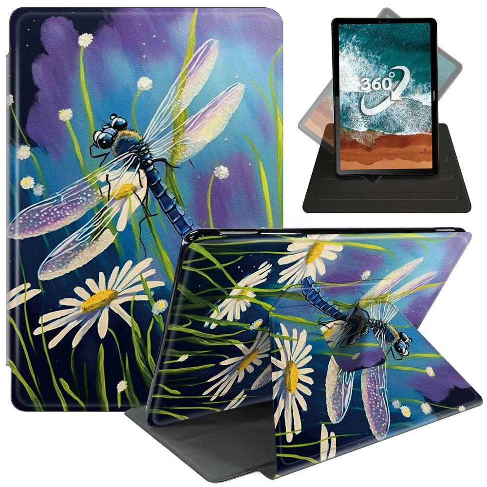 Case for 6.8'' Kindle Paperwhite (11th Generation,2021)+Paperwhite Signature Edition,360 Degree Rotating Swivel Stand Cover for Paperwhite E-Reader 6.8 Inch-Dragonfly on The Daisies Florals