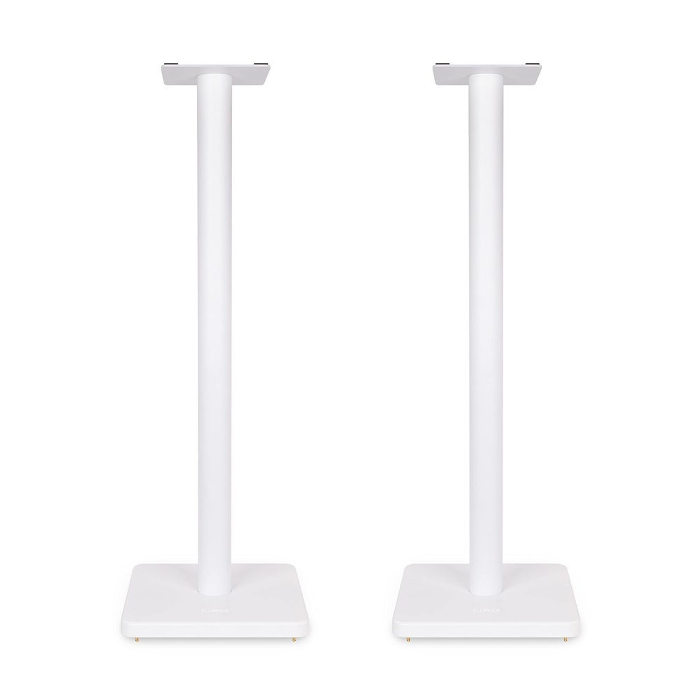 Fluance Floor Speaker Stands for Surround Sound and Bookshelf Speakers with Solid Construction, Adjustable Floor Spikes, Rubber Isolation Feet, Cable Management, Square Base - Matte White/Pair SS05SWH
