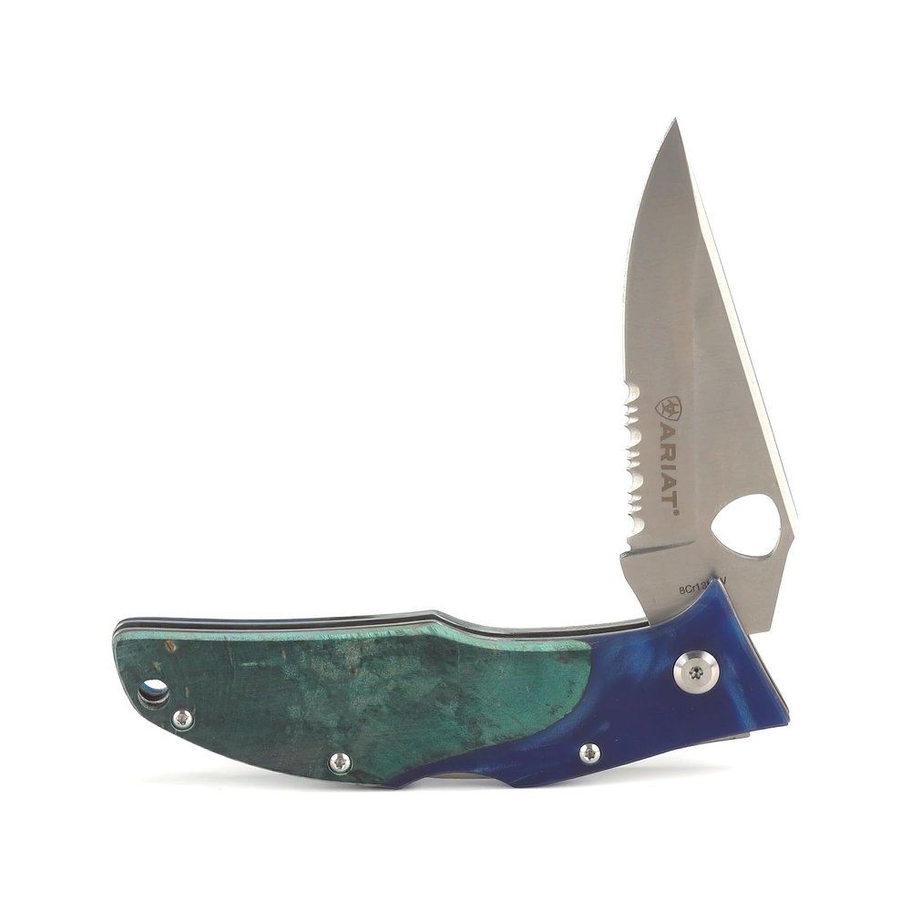 ARIAT Burled Wood Hybrid Blade Folding Knife, Turquoise, 3.5" Blade (Large)