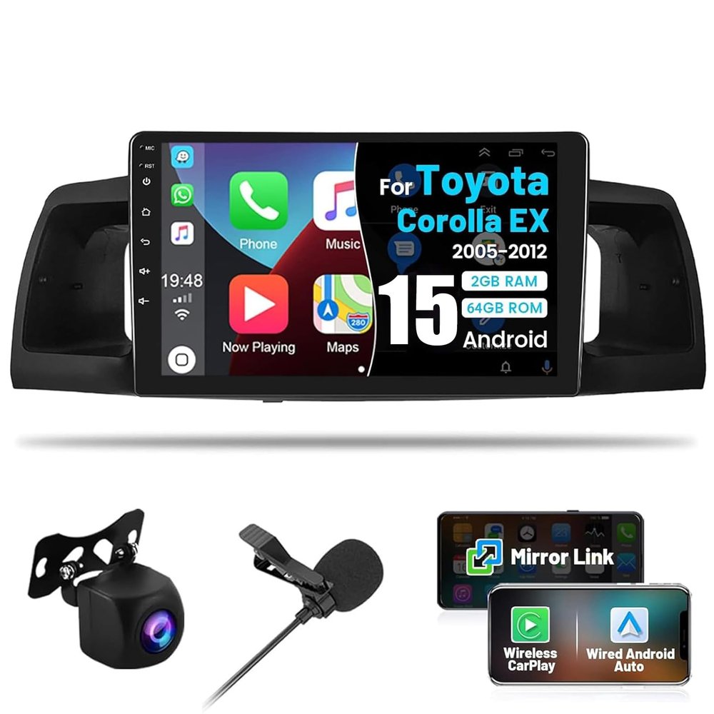 Roinvou [2G+64G] Android Radio for Toyota Corolla EX 2005-2012 with Wireless Carplay/Android Auto, 9 Inch Touch Screen for Corolla with GPS Navigation/Bluetooth/5GHz WiFi + Backup Camera
