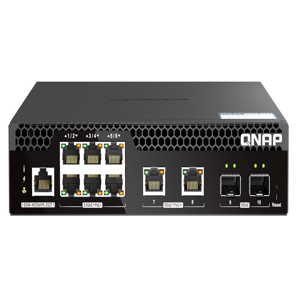 QNAP 10-Port 10GbE PoE++ Half-Width Rackmount Layer 2 Managed Switch with 2 x 10GbE SFP+, 2 x 10NBASE-T RJ45, and 6 x 2.5GbE RJ45 Ports (QSW-M2106PR-2S2T-US)