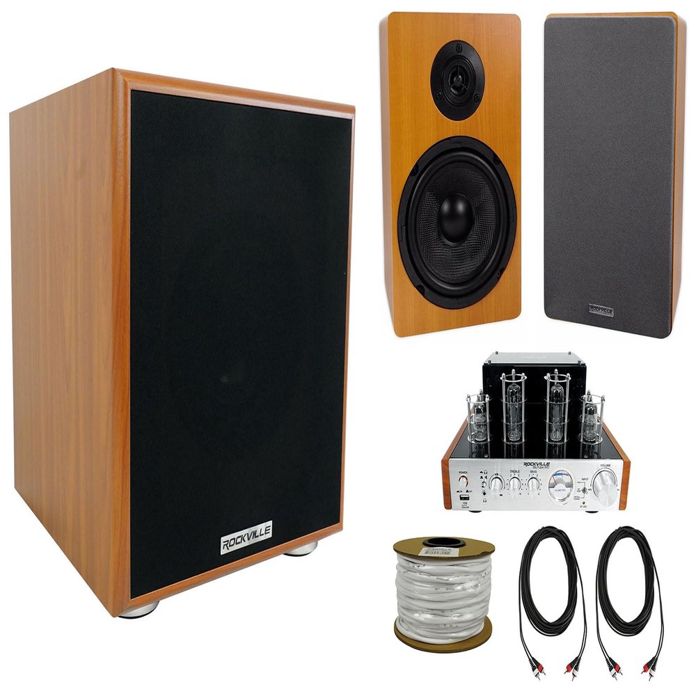 Rockville BluTube Bluetooth Tube Amplifier+6.5" Wood Bookshelf Speakers+6.5" Sub