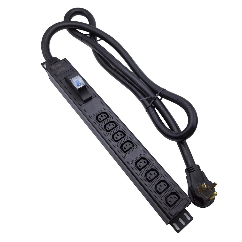 L6-50P 50 Ampere Rack Mounted PDU Power Socket with 8-Position C13 Socket Output Circuit Breaker Protection, Aluminum Alloy Shell 6-Foot 8AWG Cable (C13-08-S)