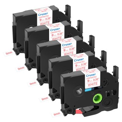 Cruxer 5 Pack Replacement for P-Touch TZe-222 TZ-222 Label Tape Red Text on White Laminated 9mm 0.35" Compatible with Ptouch PT-D200 PT-D210 PT-D400 PT-D450 PT-D600 PT-H100 PT-1230PC Label Maker