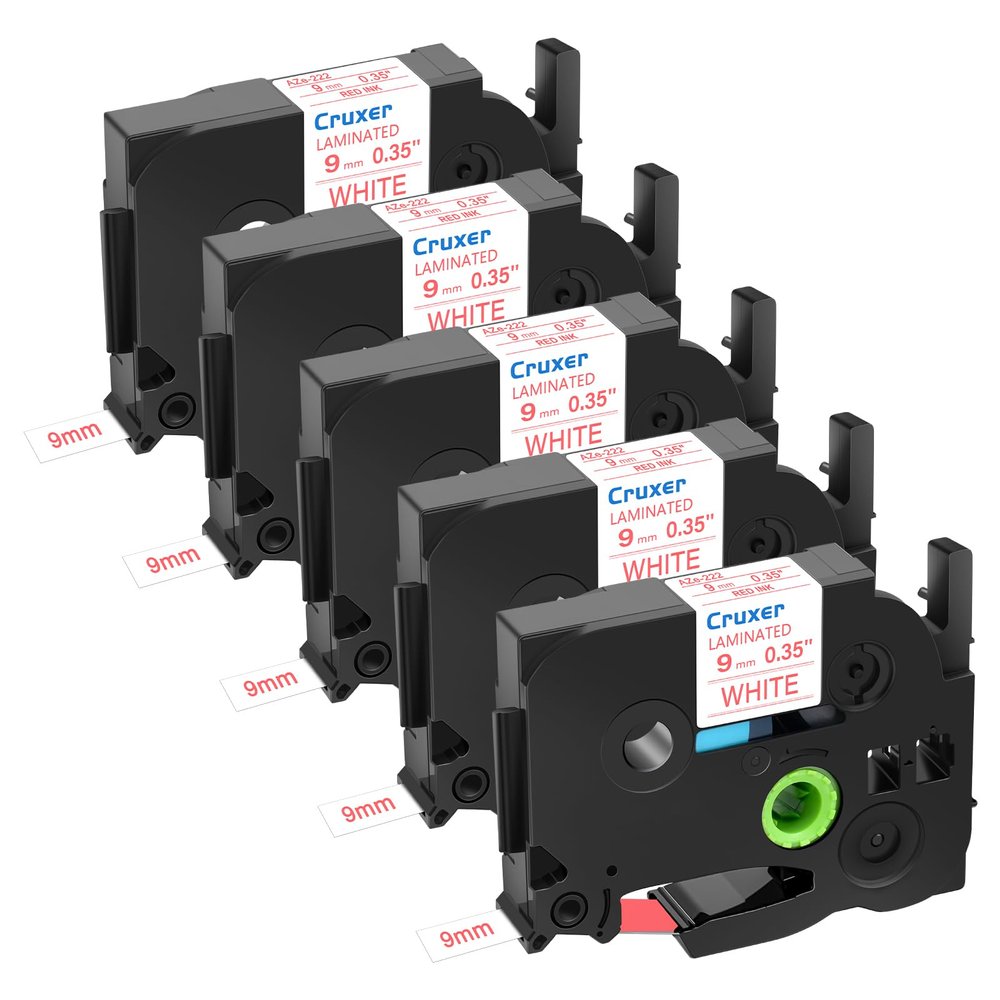 Cruxer 5 Pack Replacement for P-Touch TZe-222 TZ-222 Label Tape Red Text on White Laminated 9mm 0.35" Compatible with Ptouch PT-D200 PT-D210 PT-D400 PT-D450 PT-D600 PT-H100 PT-1230PC Label Maker