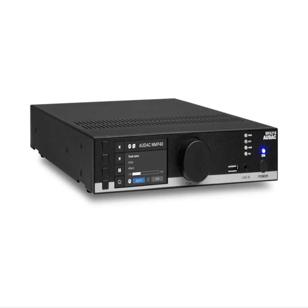 Audac MFA216 Multifunktionaler Verstrker, 2x80W@4Ohm/100V, 1 SourceCon Steckplatz, RS232/TCP-IP/USB, 9.5" 1HE