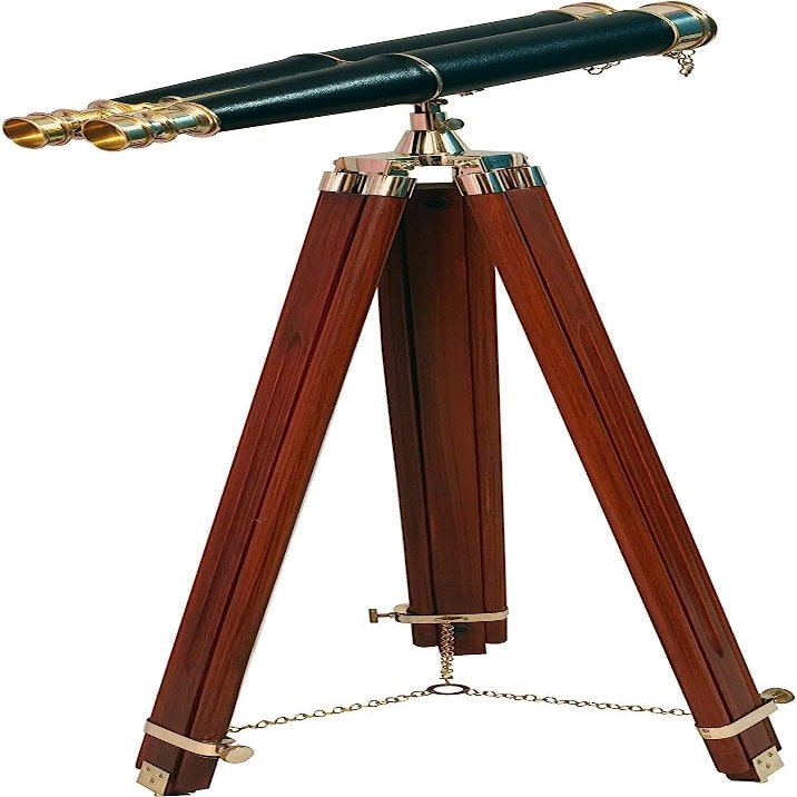 Binoculars for Adults with Wooden Tripod Stand Floor Standing Admirals Solid Brass Black Leather Binocular, Fully Functional Nautical Home Decor