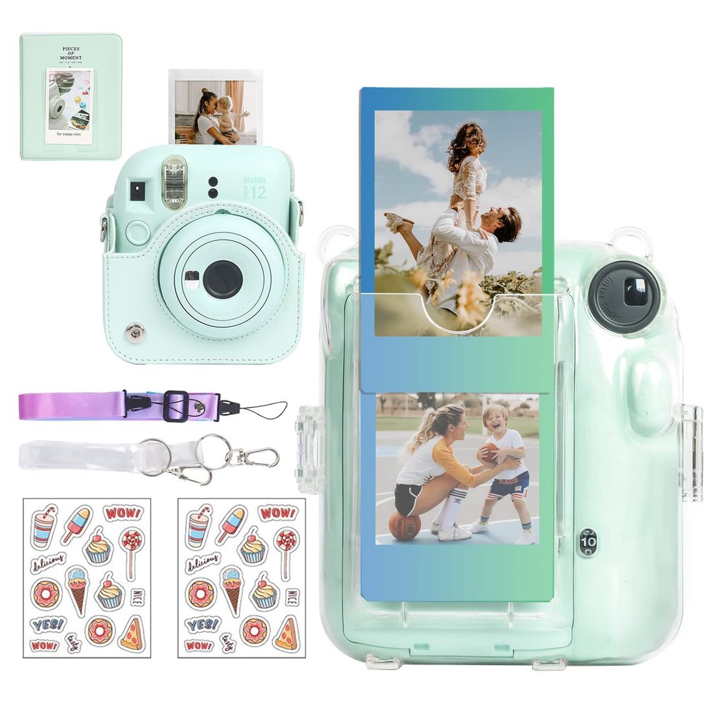 CAIYOULE Clear Case for Fujifilm Instax Mini 12 Camera with PU Leather Carrying Bag - Clear and Green