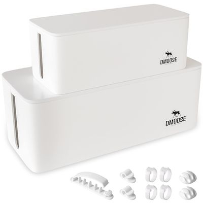 DMoose Cable Management Box - 2 Pack Medium & Large Cord Organizer for Desk & Floor - Cable Organizer Box for Child & Pet - Cable Box Hider for Tidy Office & Home, Power Strip Cover (White, Pack of 2)
