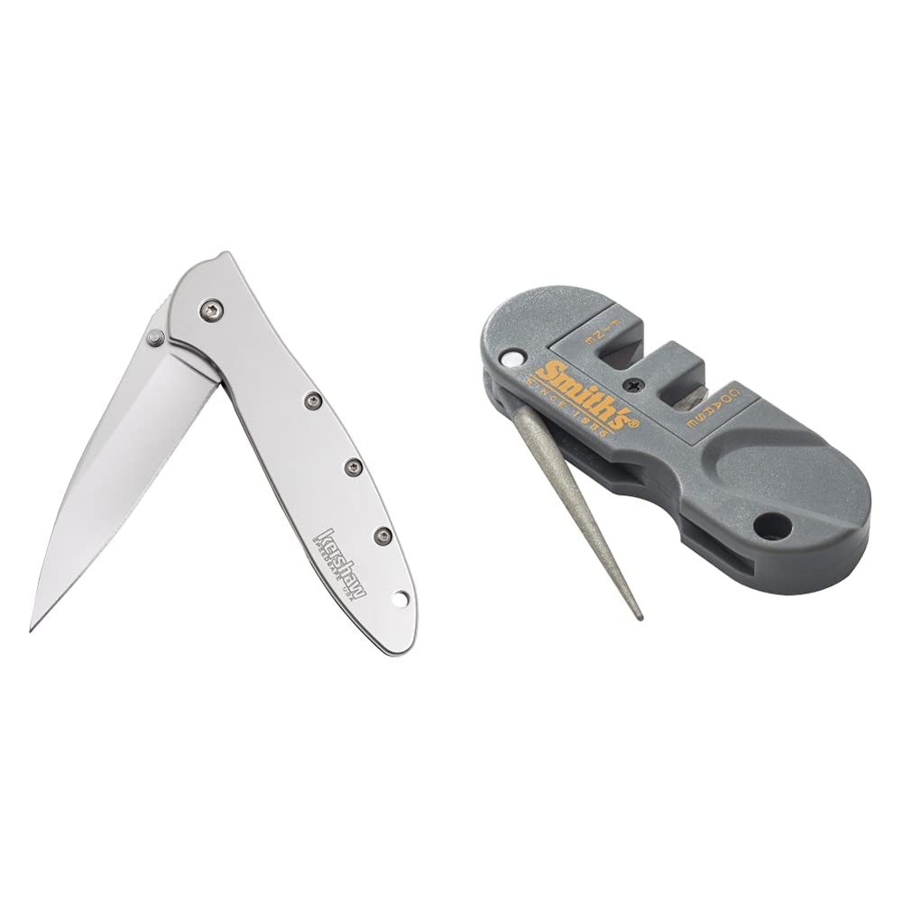 Kershaw Leek Pocket Knife (1660) 3-In. Sandvik 14C28N Blade and Stainless Steel Handle, 3 oz. & Smiths PP1 Pocket Pal Knife Sharpener Preset Carbide & Ceramic Stone Sharpeners