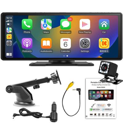 Compatible for Wireless Apple Carplay & Android Auto 9 Inch Portable Monitor Car Radio Receiver, Car Stereo with Mirror Link, Bluetooth, Reverse Camera for All Car Type Dash or Windshield Mounted