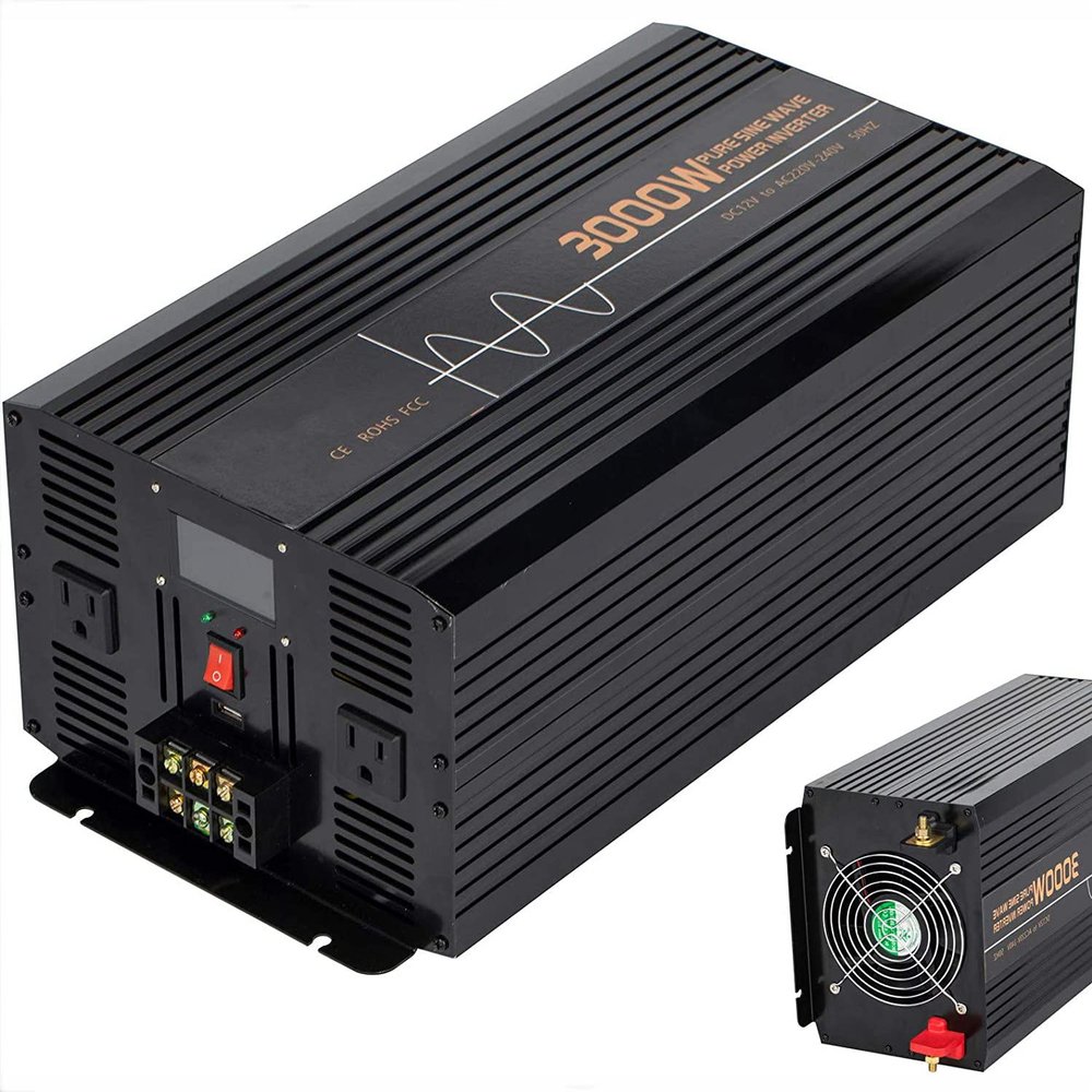 3000w Pure Sine Wave Power Inverter Dc 12v/24v/48v to Ac 110v/220v Car Power Converter 6000w Peak with Remote Controller,LCD Display,USB Ports,2 Ac Outlets and Cooling Fan,3000W-24Vto220V