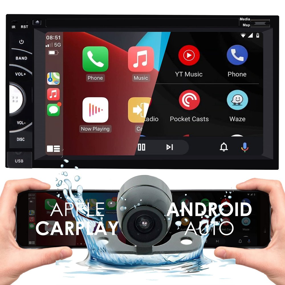 Gravity D96CP HiFi Audio Processor 6.5 Inch 1080P Touch Screen Navigation Car Stereo Work with DVD, CD, Apple CarPlay, Android Auto, Bluetooth, Mirrorlink, USB with HD Backup Camera PK1 Bundle