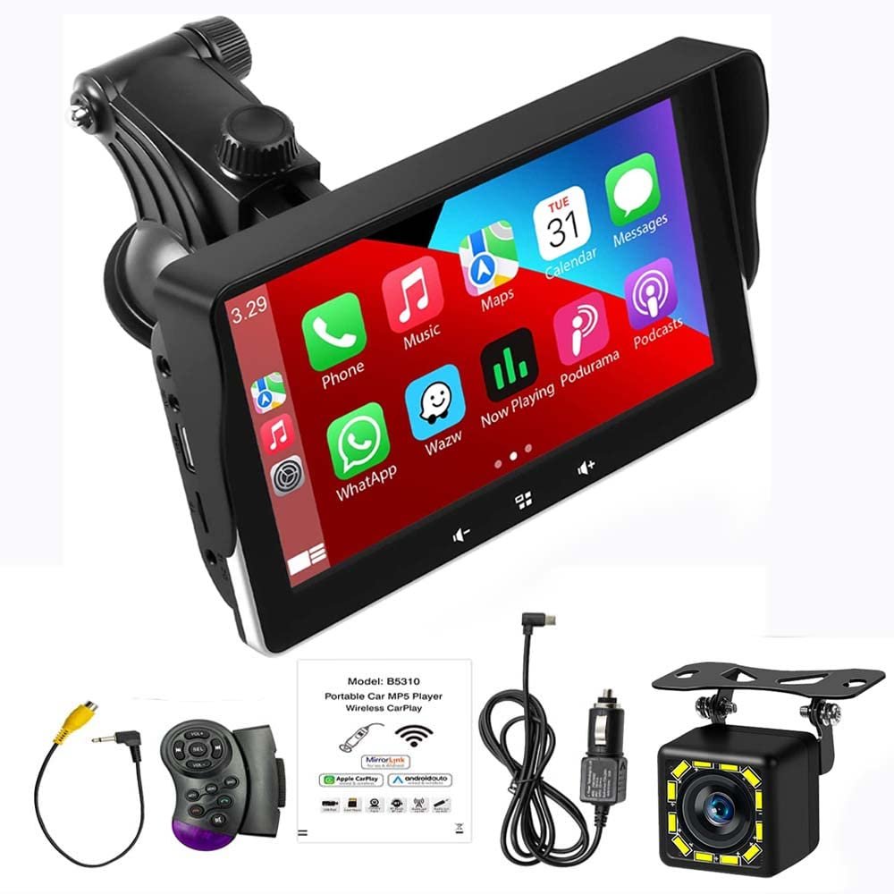 7 Inch Portable Car Radio MP5 Compatible with Android Auto/Apple CarPlay, Car Stereo with FM Signal Tramsmission, Mirror Link, Backup Camera/Bluetooth/SWC/TF Card/Type-c/2USB