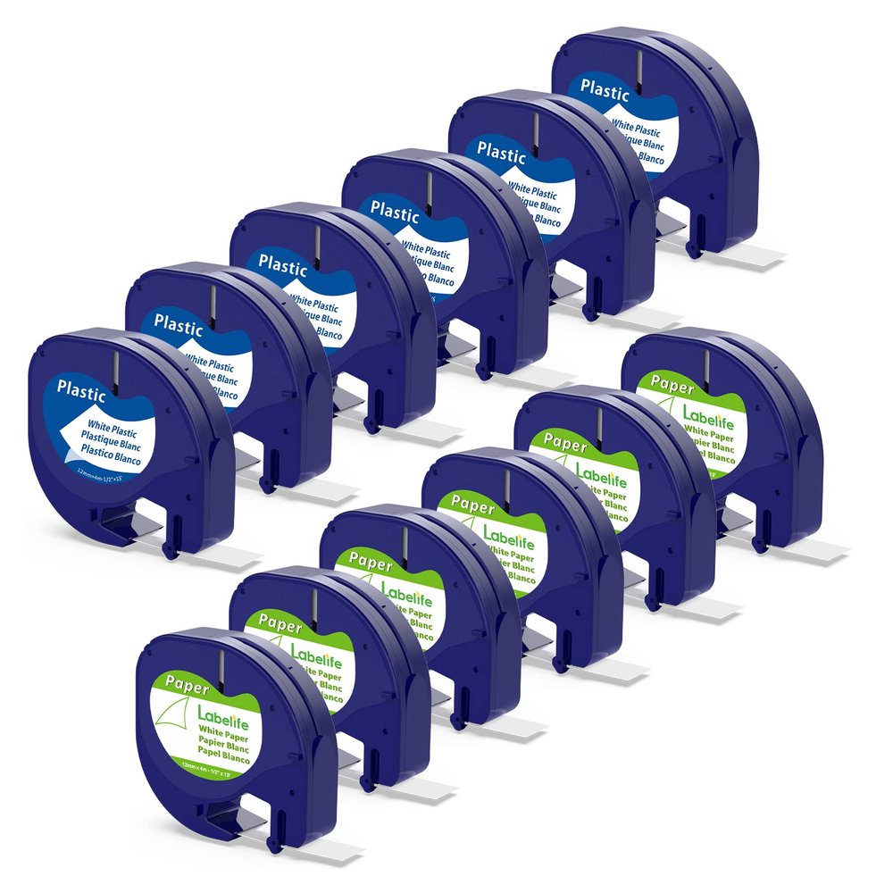 6 Paper + 6 Plastic Compatible DYMO Letratag Refills 12mm x 4m 1/2" x 13, Replace for DYMO 91331 91330 Label Tape for Dymo Letra Tag Label Maker LT100H LT100T Plus 200B QX50, Black on White