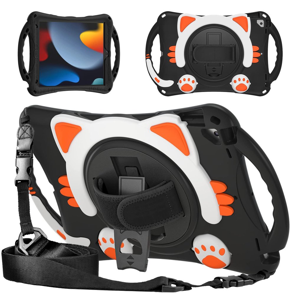 iPad 10.2 inch 9th 8th 7th Gen Case Child Protective Case with Shoulder Strap Portable with Pencil Holder 360 Rotatable Handle EVA Soft Silicone Back Cover for iPad Air3 Pro10.5Black+Orange