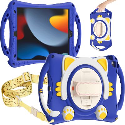 iPad 10.2 inch 9th 8th 7th Gen Case Child Protective Case with Shoulder Strap Portable with Pencil Holder 360 Rotatable Handle EVA Soft Silicone Back Cover for iPad Air3 Pro10.5Dark Blue