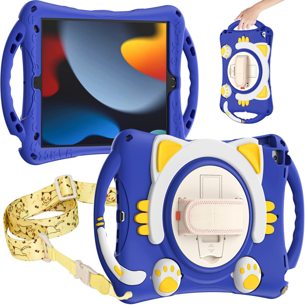 iPad 10.2 inch 9th 8th 7th Gen Case Child Protective Case with Shoulder Strap Portable with Pencil Holder 360 Rotatable Handle EVA Soft Silicone Back Cover for iPad Air3 Pro10.5Dark Blue