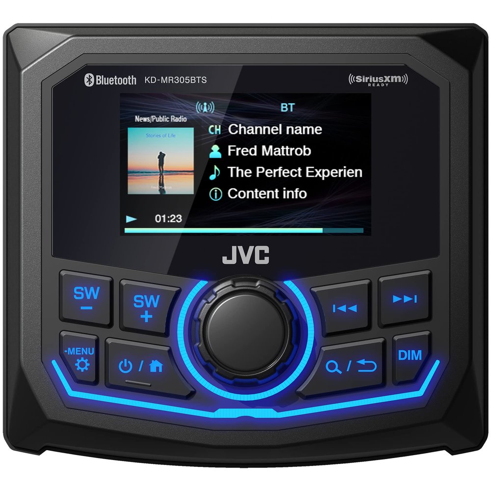 JVC KD-MR305BTS Marine Guage Receiver Weatherproof, 2.7 Inch LCD, Built in Amplifer, Bluetooth, Digital Media MP3 Player, No CD Player, USB Port, AM/FM/Weather Band Tuner, Rear Camera Input
