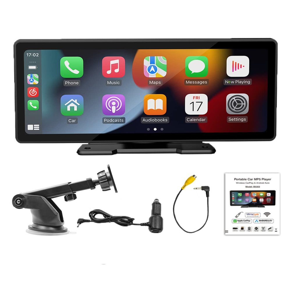 Portable Carplay Screen Wireless Carplay & Android Auto 9Inch Touch Screen Car Stereo Receiver with Bluetooth5.0 Handsfree/Mirror Link/FM Output/TF/USB/AUX Built-in Speaker